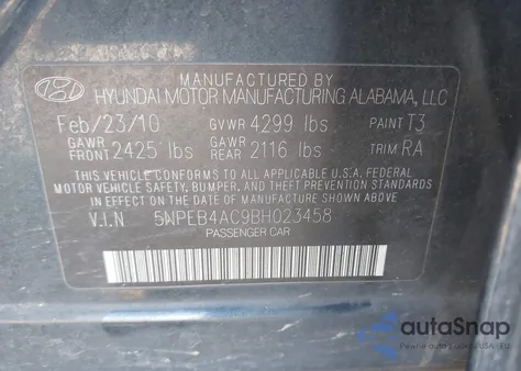 2011 Hyundai Sonata Gls from USA, damaged, VIN 5NPEB4AC9BH023458